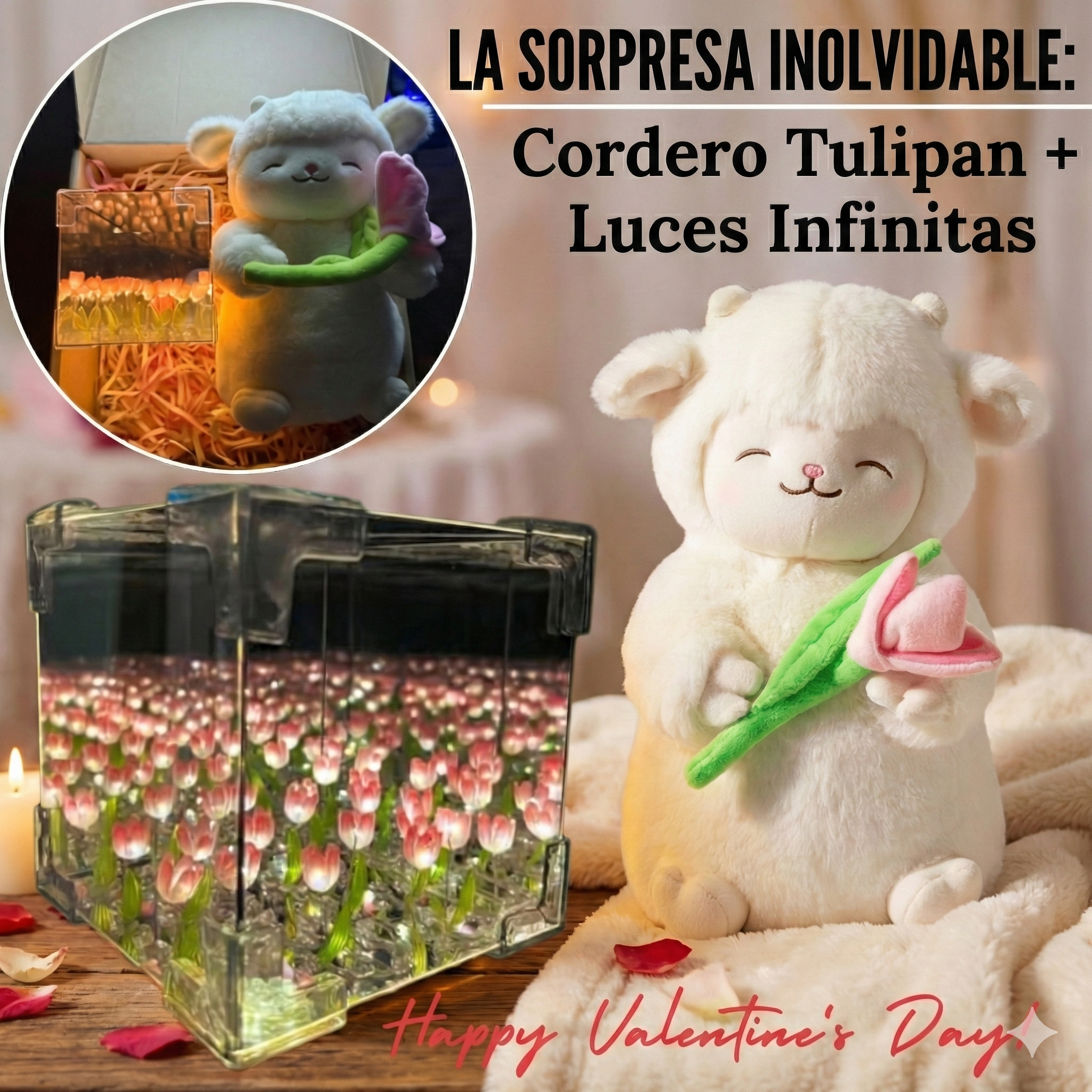 PELUCHE CORDERITO TULIPAN + TULIPAN INFINITO CAJA DE REGALO