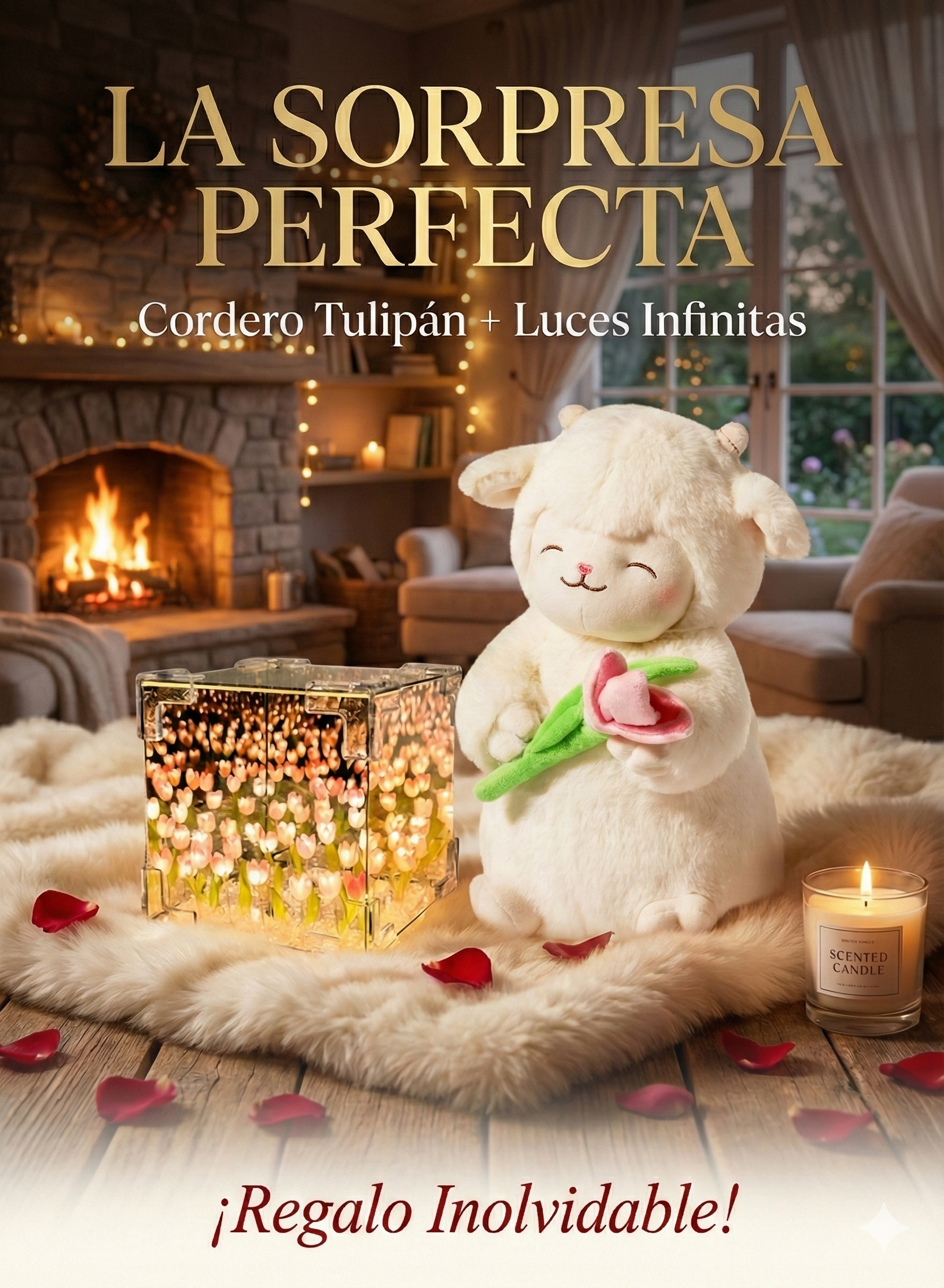 PELUCHE CORDERITO TULIPAN + TULIPAN INFINITO CAJA DE REGALO